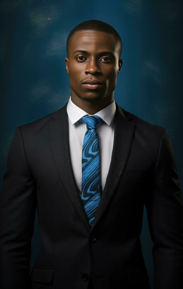 ai generated businessman from port harcourt nigeria standing in black suit and blue tie free photo